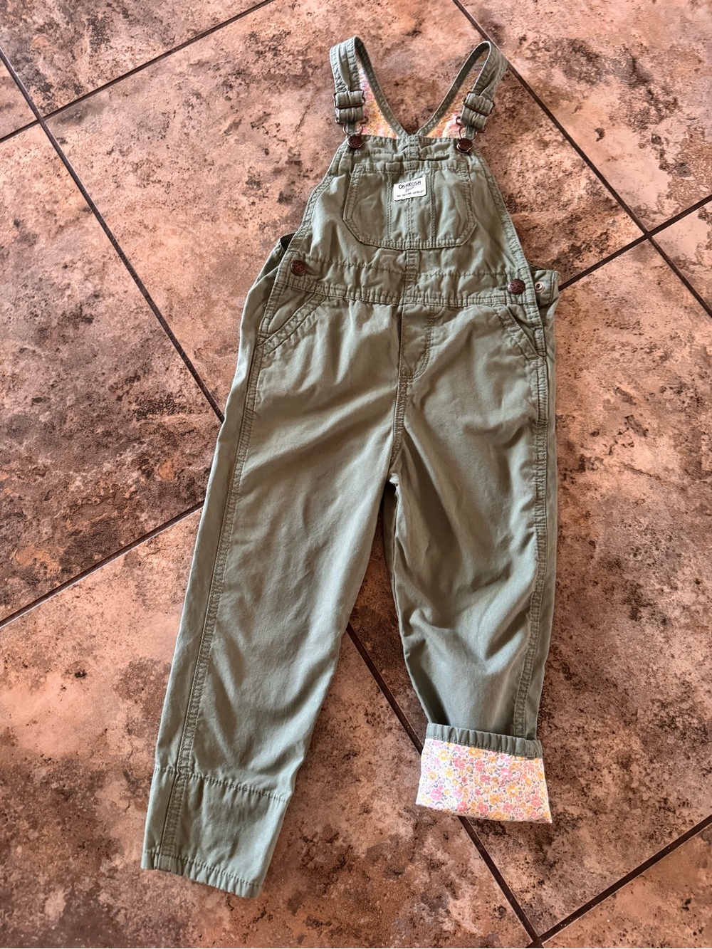 Oshkosh Overalls Girls 5T Green One Piece Bib Pants Cargo Pockets Floral Lining